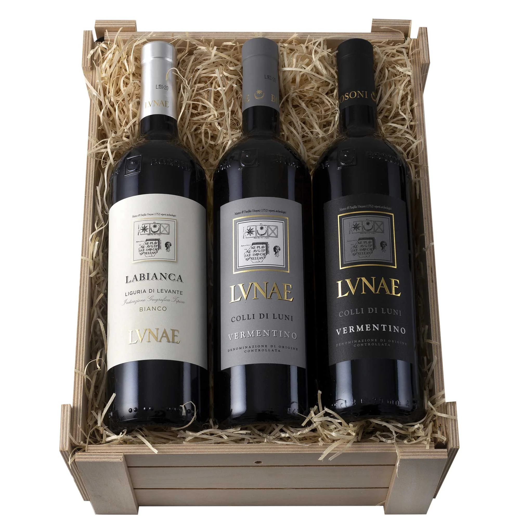 Colli di Luni Vermentino DOC "Etichetta Nera" 2025 + Colli di Luni Vermentino DOC "Etichetta Grigia" 2025 + Liguria di Levante Bianco IGT "Labianca" 2025 - Lunae (cassetta di legno)